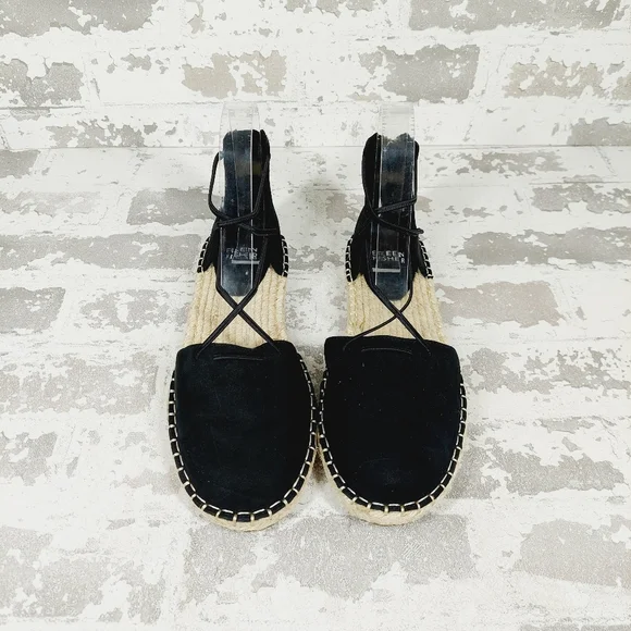 NEW Eileen Fisher Leather Elastic Lace Up Black Espadrilles E391